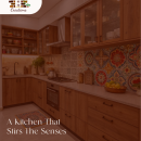 Vibrant Kitchen Design with Warm Wood and Artistic Backsplash