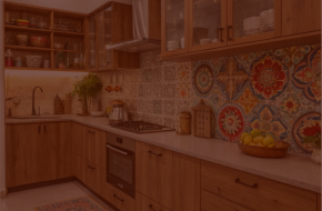 Vibrant Kitchen Design with Warm Wood and Artistic Backsplash